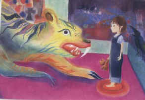 Una pintura de colores acrílicos grande (3’x2’) hecho por una muchach a japonesa de 13 años expresando su interpretación de ONE CHILD.